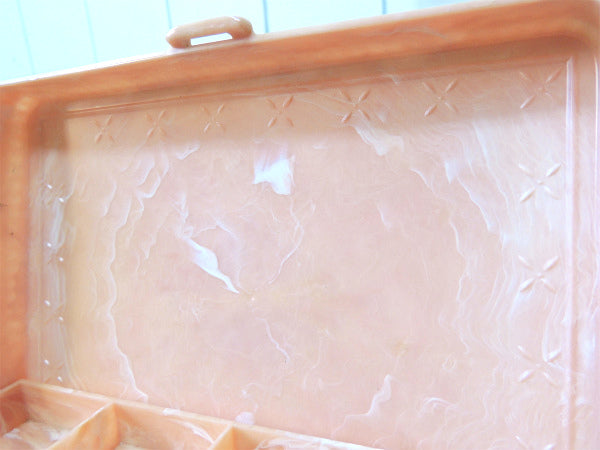 HOMMER サーモンピンク×白色 マーブル柄・ビンテージ・ジュエリーボックス 宝石箱 裁縫箱