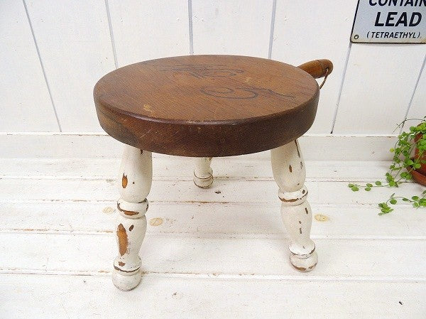 USA!木製のシャビーなアンティーク・ミルクスツール/チェア/ラウンドスツール/踏み台