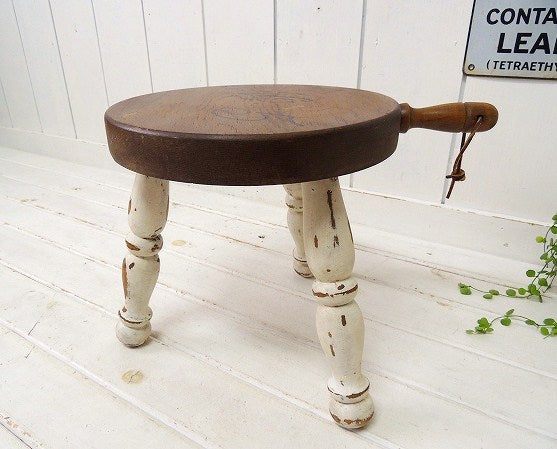 USA!木製のシャビーなアンティーク・ミルクスツール/チェア/ラウンドスツール/踏み台