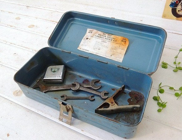 USA・グレー色・ブリキ製・ヴィンテージ・ツールボックス/工具箱/インダストリアル