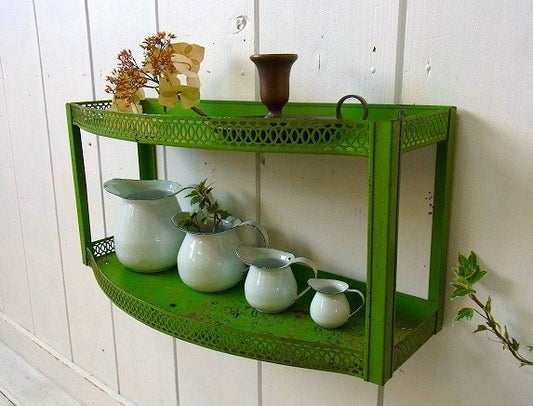 グリーンのアンティーク・2段シェルフ/飾り棚/ウォールシェルフ　USA