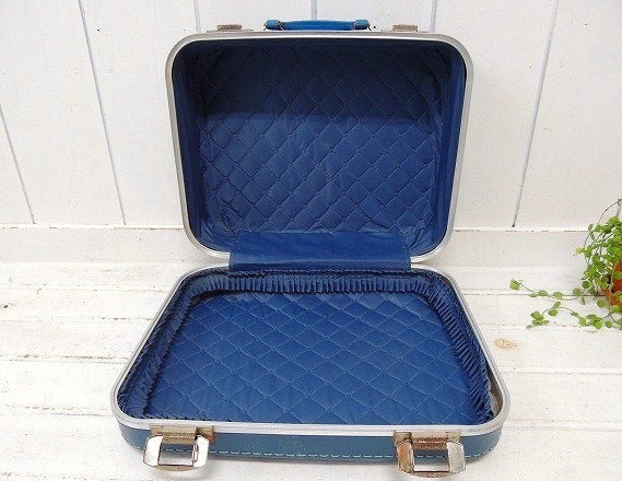 スマイルの絵柄入り・ブルー色・小さなヴィンテージ・スーツケース/トランク/旅行バッグ