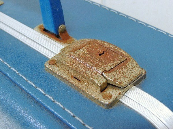 スマイルの絵柄入り・ブルー色・小さなヴィンテージ・スーツケース/トランク/旅行バッグ