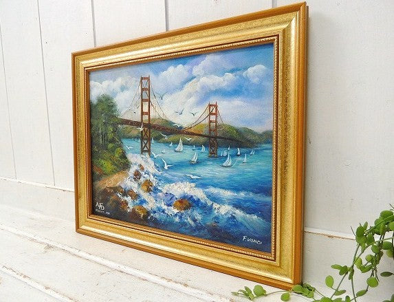 USA サンフランシスコ 橋 ゴールデンゲートブリッジ 風景画  油絵 アンティーク 木製フレーム 額 絵画