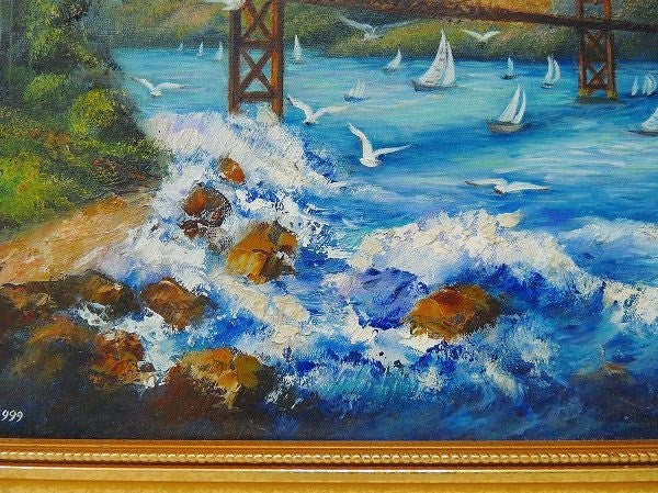 USA サンフランシスコ 橋 ゴールデンゲートブリッジ 風景画  油絵 アンティーク 木製フレーム 額 絵画