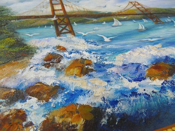 USA サンフランシスコ 橋 ゴールデンゲートブリッジ 風景画  油絵 アンティーク 木製フレーム 額 絵画