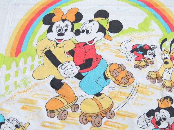 【ミッキー&フレンズ】レア物!ローラースケート柄・80'sヴィンテージ・ユーズドシーツ(1/2)