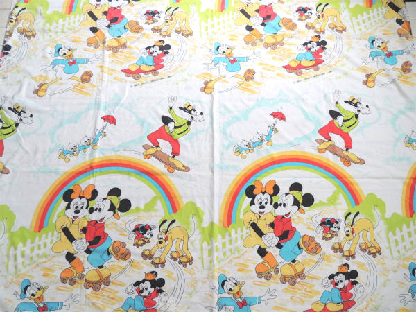 【ミッキー&フレンズ】レア物!ローラースケート柄・80'sヴィンテージ・ユーズドシーツ(1/2)