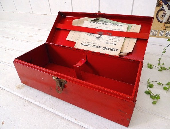 USA・赤色・ブリキ製・ヴィンテージ・ツールボックス/工具箱/インダストリアル