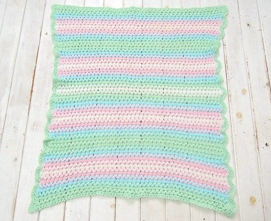 USA パステルカラー ボーダー柄・ハンドメイド・ヴィンテージ・ニットブランケット ひざ掛け
