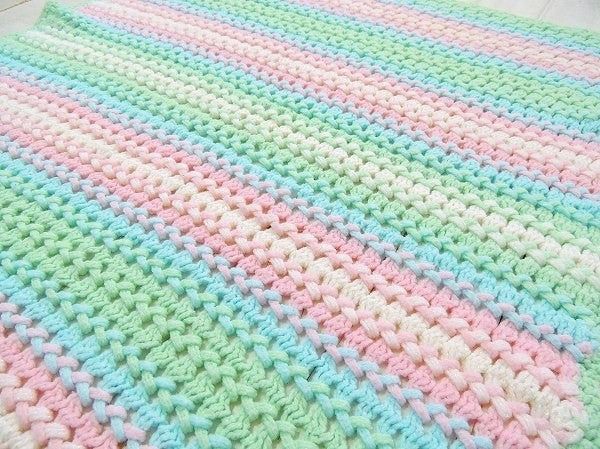 USA パステルカラー ボーダー柄・ハンドメイド・ヴィンテージ・ニットブランケット ひざ掛け