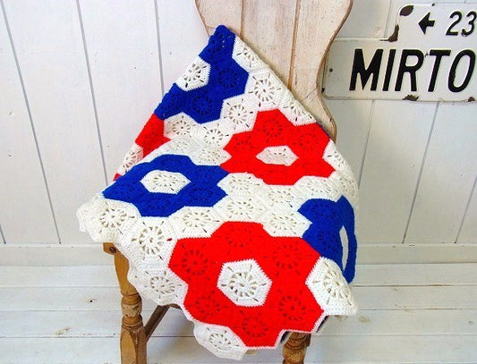 手編み・ニット・花柄・モチーフ編み・アンティーク・ブランケット・ハンドメイド・USA