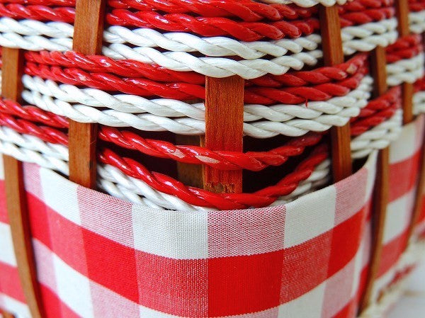 ギンガムチェック柄/レッド×ホワイト色のレトロなヴィンテージ・ソーイングボックス/裁縫箱/手芸用品