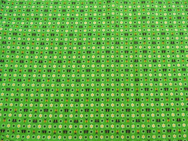 小花&てんとう虫&蝶々柄・グリーン地・デッドストック・ヴィンテージ・ファブリック/生地 USA