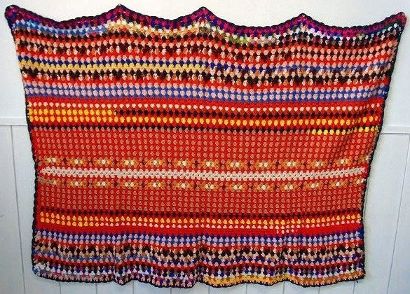 カラフルなヴィンテージ・ニットブランケット/ひざ掛け/ハンドメイド USA