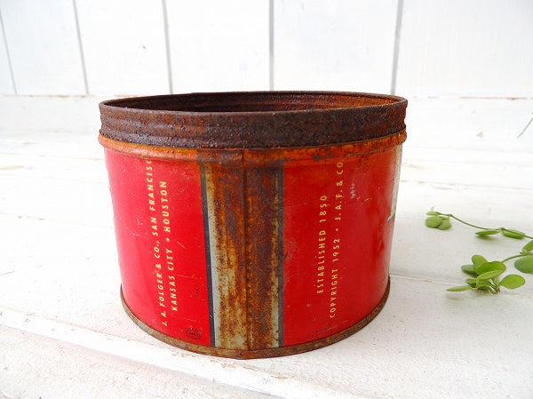 【フォルジャーズ】・赤色・ブリキ製・ヴィンテージ・ジャンクなコーヒー缶/ティン缶 USA