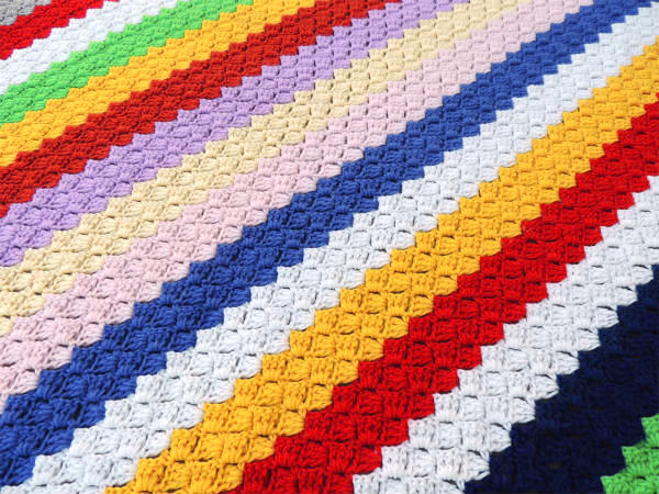 カラフルポップ 斜め編み ハンドメイド 手編みニット ヴィンテージ ブランケット 大判 USA