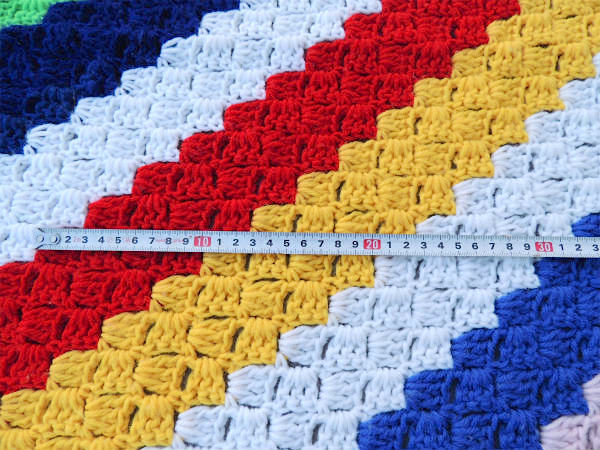 カラフルポップ 斜め編み ハンドメイド 手編みニット ヴィンテージ ブランケット 大判 USA