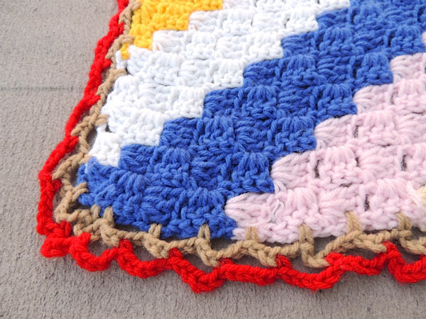 カラフルポップ 斜め編み ハンドメイド 手編みニット ヴィンテージ ブランケット 大判 USA