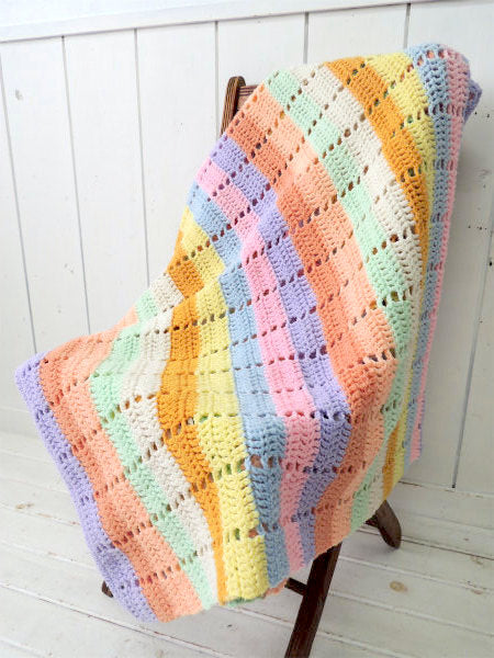 パステルカラー 手編みニット 大判サイズ ヴィンテージ ブランケット ひざ掛け USA