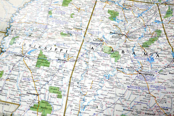 テネシー・ノースカロライナ・サウスカロライナ・ジョージア・アラバマ・ミシシッピー  USA 地図