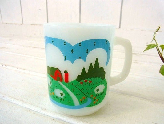 【Fire King】ファイヤーキング・メドウズ・羊&牧場柄・マグカップ　USA