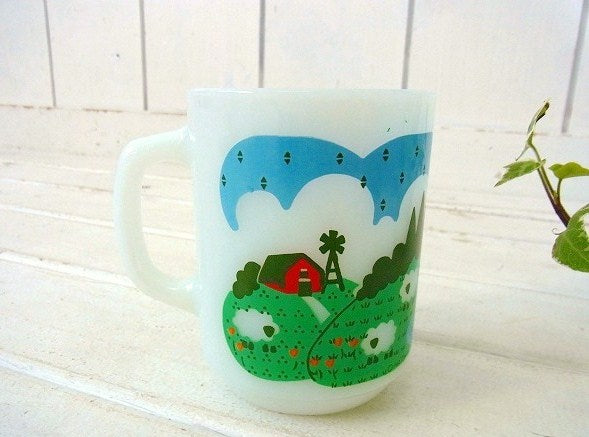 【Fire King】ファイヤーキング・メドウズ・羊&牧場柄・マグカップ　USA