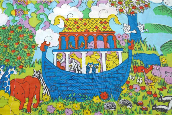 ノアの方舟 カラフル 動物&お花&レインボー柄 ヴィンテージ ピローケース 枕カバー リメイク生地