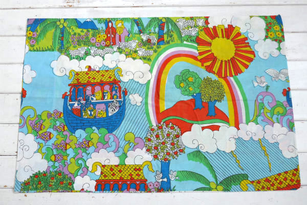 ノアの方舟 カラフル 動物&お花&レインボー柄 ヴィンテージ ピローケース 枕カバー リメイク生地