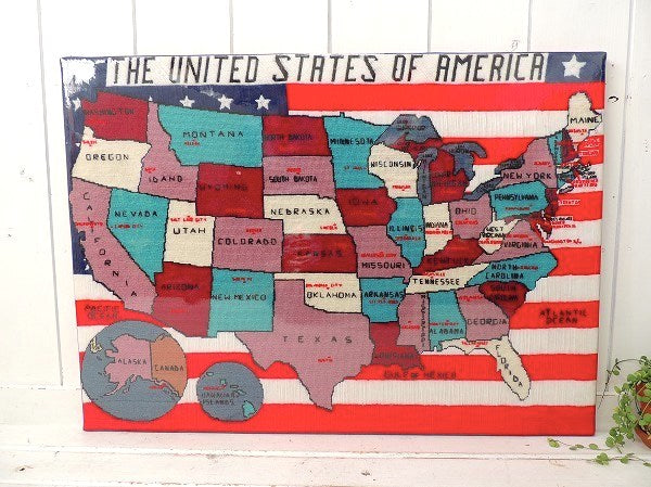 アメリカ地図柄・ハンドメイドのニット刺繍製・ヴィンテージ・アートフレーム/壁飾り/インテリア