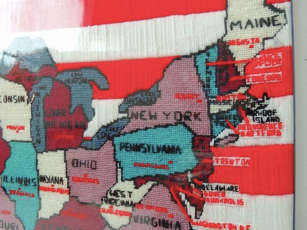 アメリカ地図柄・ハンドメイドのニット刺繍製・ヴィンテージ・アートフレーム/壁飾り/インテリア