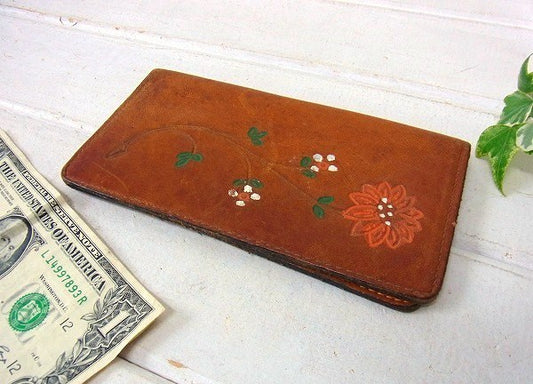 シンプル花柄/型押しカービング(手彫り)ヴィンテージ・レザー・革の長財布・ウォレット