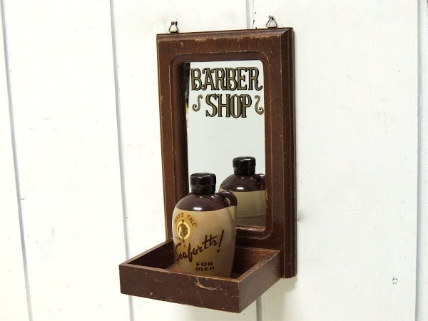 【BARBER SHOP】バーバーショップ・木製・トレイ付き・アンティーク・ミラー・鏡・ウォールデコ