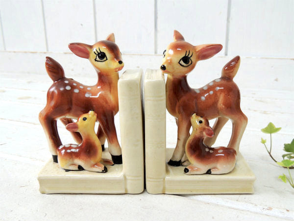 【Exclusive BP】鹿の親子・バンビ・セラミック製・ヴィンテージ・ブックエンド/本立て