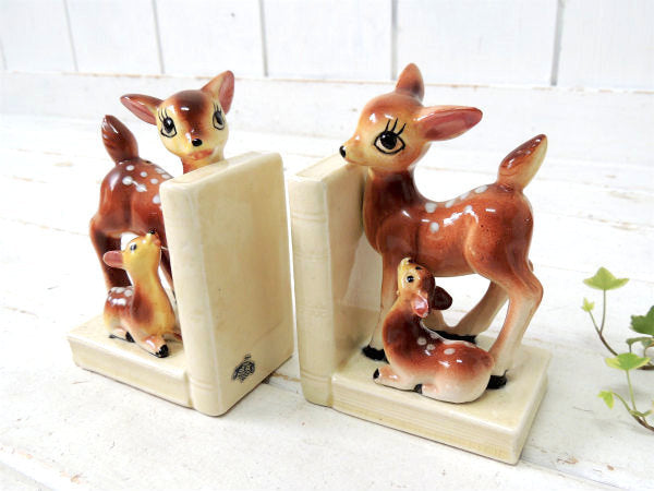 【Exclusive BP】鹿の親子・バンビ・セラミック製・ヴィンテージ・ブックエンド/本立て