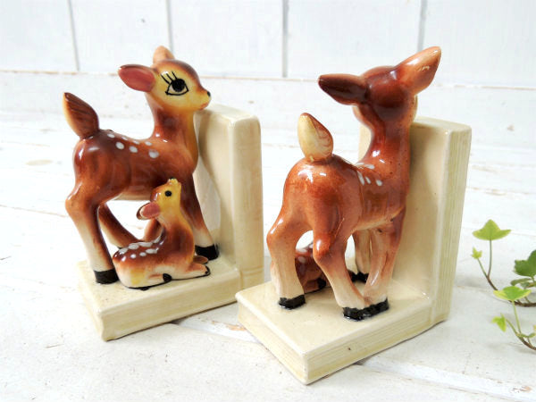 【Exclusive BP】鹿の親子・バンビ・セラミック製・ヴィンテージ・ブックエンド/本立て