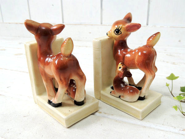 【Exclusive BP】鹿の親子・バンビ・セラミック製・ヴィンテージ・ブックエンド/本立て