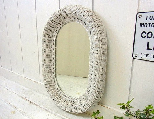 カントリースタイル・壁掛けミラー・鏡・ホワイト・ウィッカー・USA