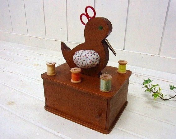 鳥型・はさみ付き・木製アンティーク・ソーイングボックス/裁縫箱/スプールホルダー USA