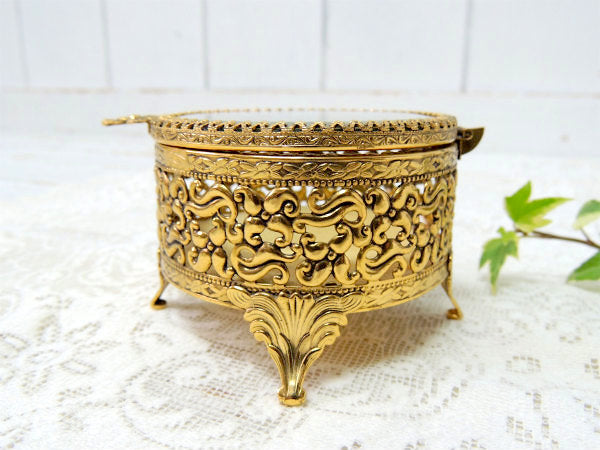 フラワーモチーフ・ゴールド色・ラウンド型・アンティーク・脚付きジュエリーボックス・宝石箱 USA