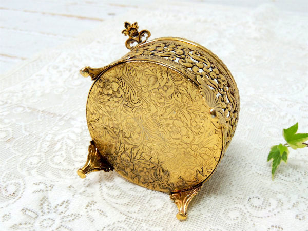 フラワーモチーフ・ゴールド色・ラウンド型・アンティーク・脚付きジュエリーボックス・宝石箱 USA