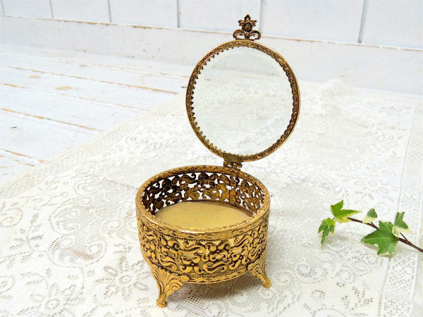 フラワーモチーフ・ゴールド色・ラウンド型・アンティーク・脚付きジュエリーボックス・宝石箱 USA