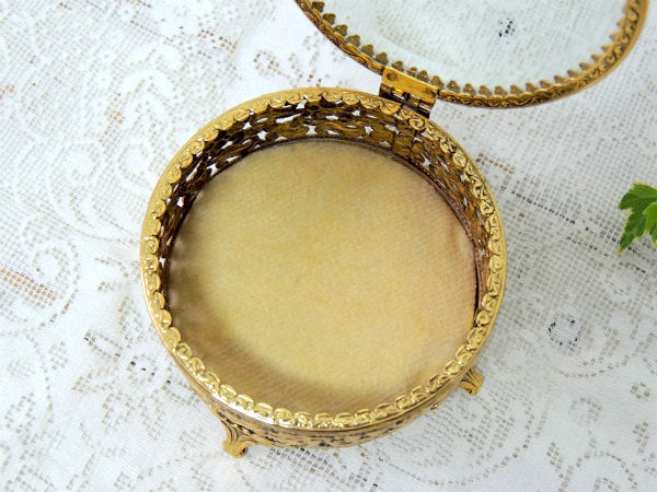 フラワーモチーフ・ゴールド色・ラウンド型・アンティーク・脚付きジュエリーボックス・宝石箱 USA