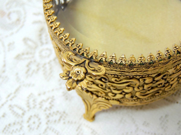 フラワーモチーフ・ゴールド色・ラウンド型・アンティーク・脚付きジュエリーボックス・宝石箱 USA