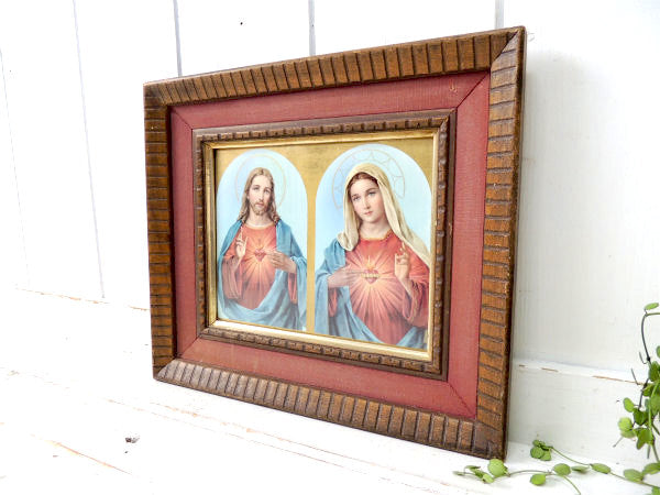 木製・額入り・キリスト&聖母マリア・アンティーク・壁掛け/聖品/フレーム