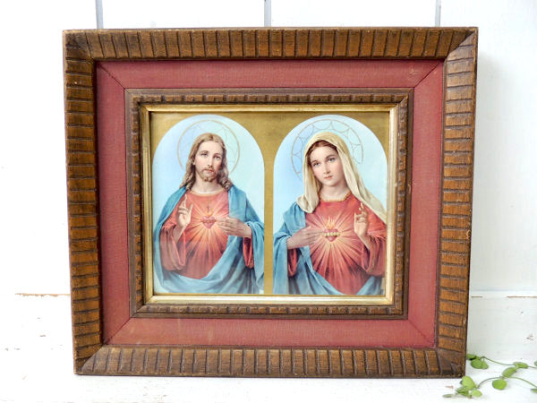 木製・額入り・キリスト&聖母マリア・アンティーク・壁掛け/聖品/フレーム