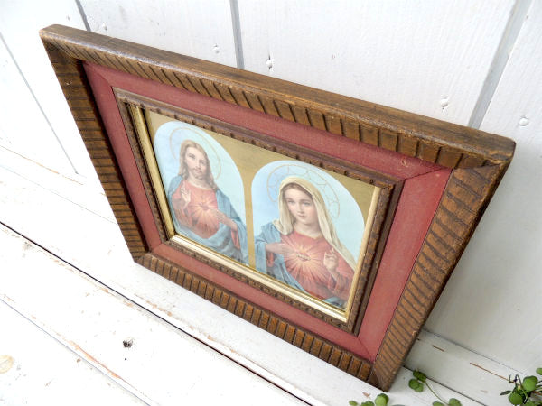 木製・額入り・キリスト&聖母マリア・アンティーク・壁掛け/聖品/フレーム
