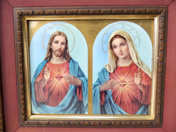 木製・額入り・キリスト&聖母マリア・アンティーク・壁掛け/聖品/フレーム