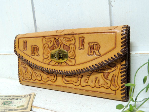 イニシャル&花柄・型押し・レザー製・ヴィンテージ・ウォレット・革・長財布・レザー小物