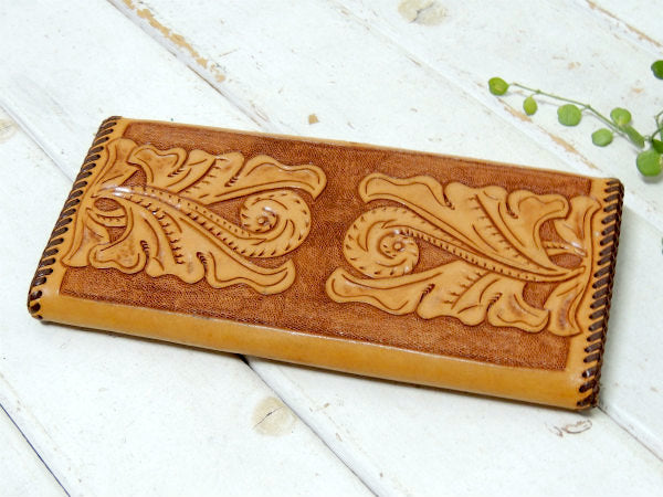 イニシャル&花柄・型押し・レザー製・ヴィンテージ・ウォレット・革・長財布・レザー小物